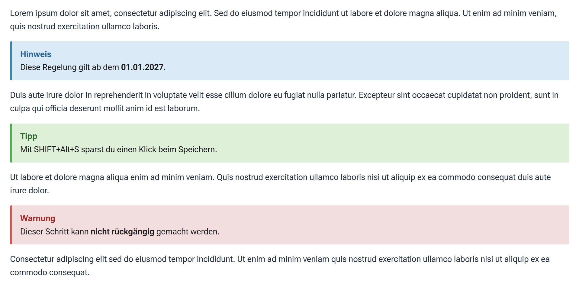 Farbiges Foto einer Wiki-Seite im Browser. Zwischen Absätzen mit Lorem-ipsum-Text sind drei farbige Boxen zu sehen. Die erste Box hat einen blauen linken Rand und hellblauen Hintergrund. Darin steht in blauem Fettdruck „Hinweis", darunter „Diese Regelung gilt ab dem 01.01.2027." Die zweite Box hat einen grünen linken Rand und hellgrünen Hintergrund. Darin steht in grünem Fettdruck „Tipp", darunter „Mit SHIFT+Alt+S sparst du einen Klick beim Speichern." Die dritte Box hat einen roten linken Rand und hellroten Hintergrund. Darin steht in rotem Fettdruck „Warnung", darunter „Dieser Schritt kann nicht rückgängig gemacht werden."